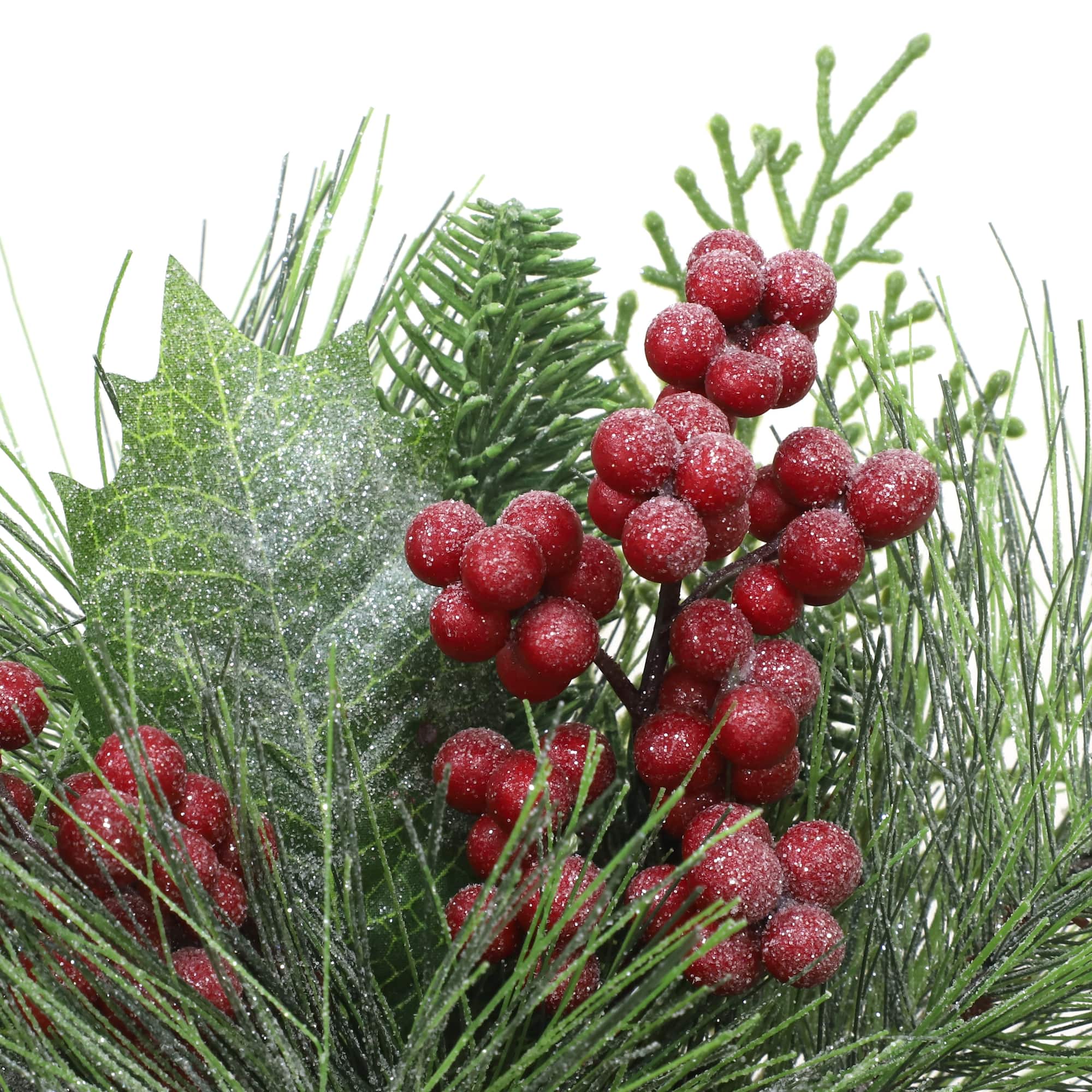 9.5" Glitter Pine, Cedar, Holly & Red Berry Arrangement in Black Metal Pot by Ashland®